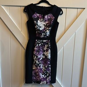 White House Black Market Black and Purple Floral Midi Dress